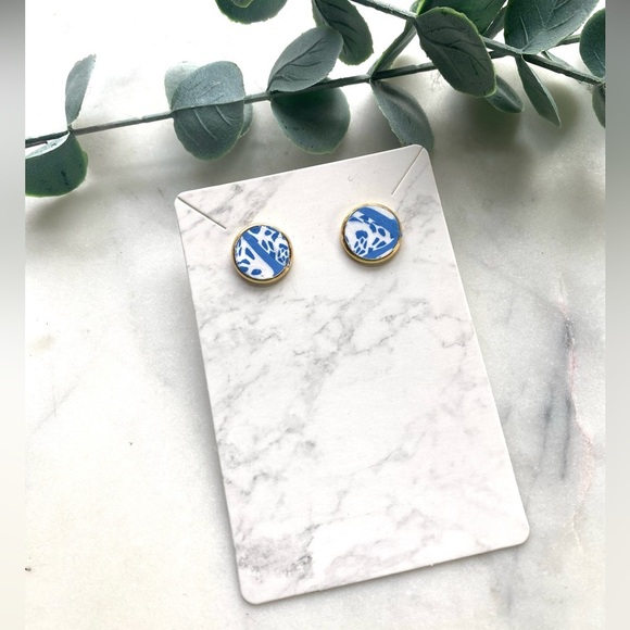 Handmade Jewelry - Blue and White Polymer Clay Gold Bezel Stud Earrings handmade